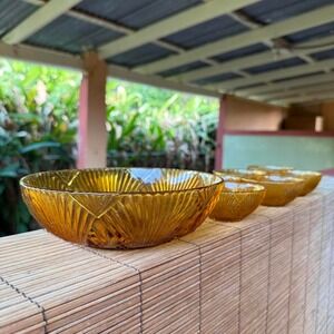 Amber Glass Bowl Set 7 Pieces Pressed Glass Mid Century Style Serving Bowls